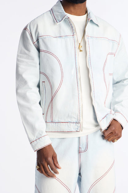 Cropped Thick Thread Denim Work Jacket - Light Wash