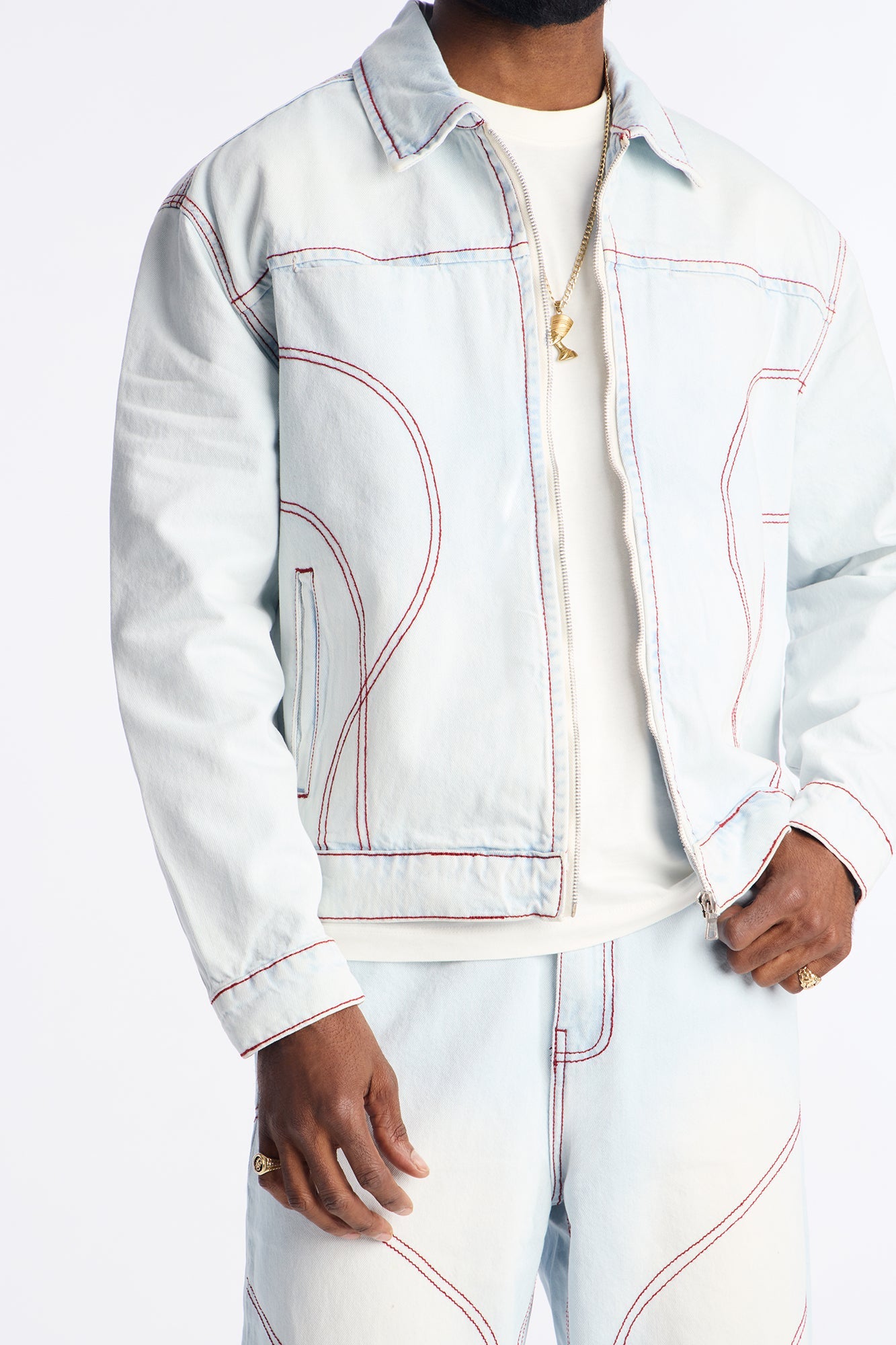 Cropped Thick Thread Denim Work Jacket - Light Wash