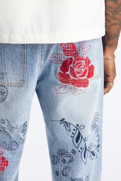 Straight Roses With Stitches Embroidered Jean - Light Blue Wash