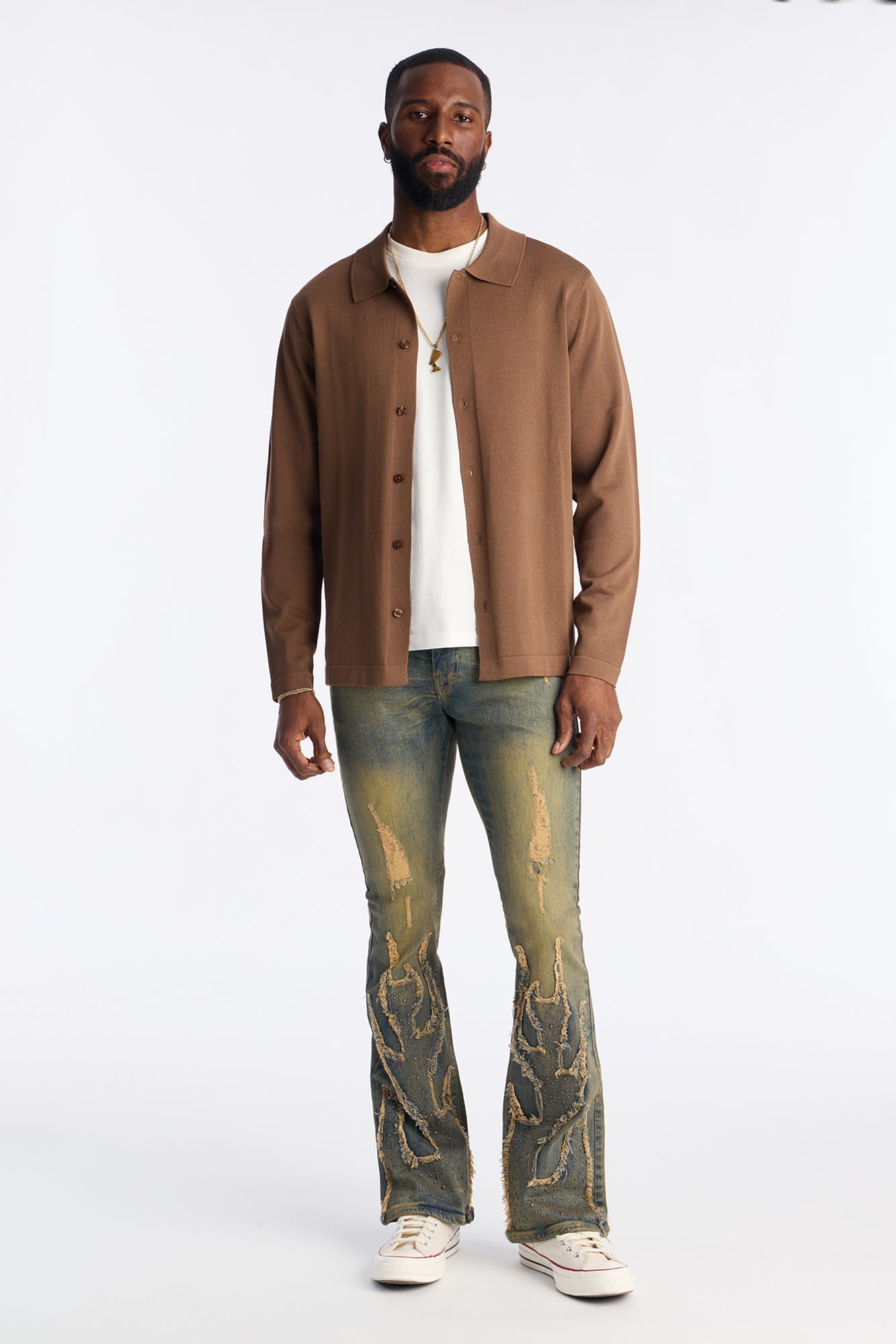 Stacked Skinny Flare Jeweled In Flames Jeans - Vintage Wash