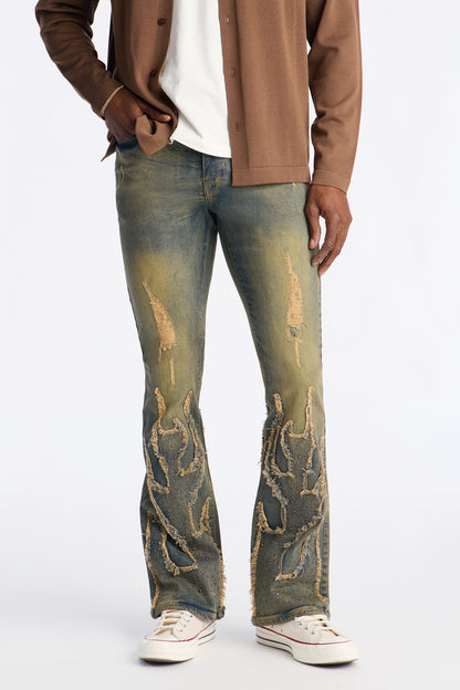 Stacked Skinny Flare Jeweled In Flames Jeans - Vintage Wash