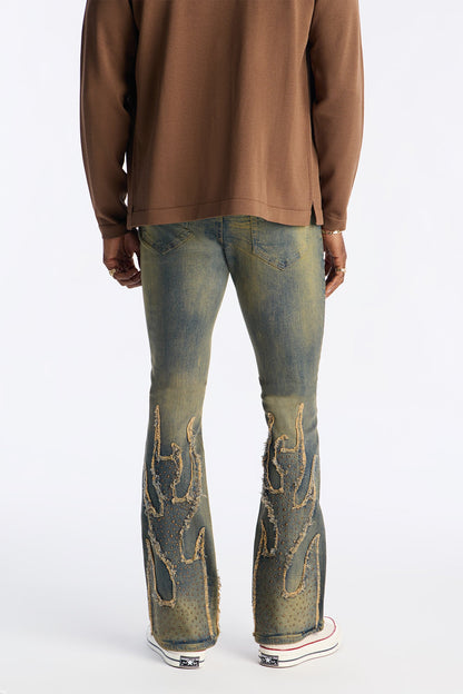 Stacked Skinny Flare Jeweled In Flames Jeans - Vintage Wash
