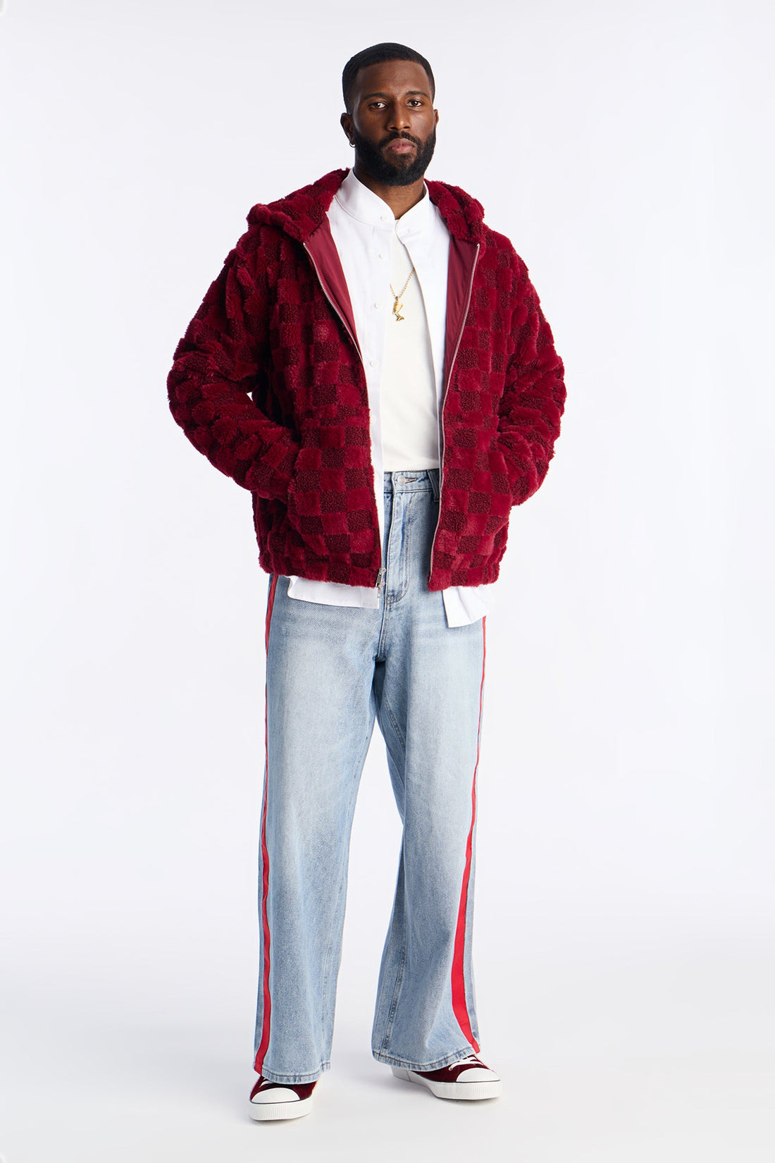 Relaxed Hooded Zip Checkered Faux Fur Jacket - Burgundy
