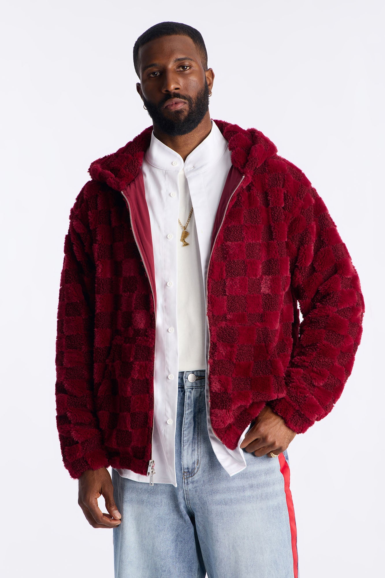 Relaxed Hooded Zip Checkered Faux Fur Jacket - Burgundy
