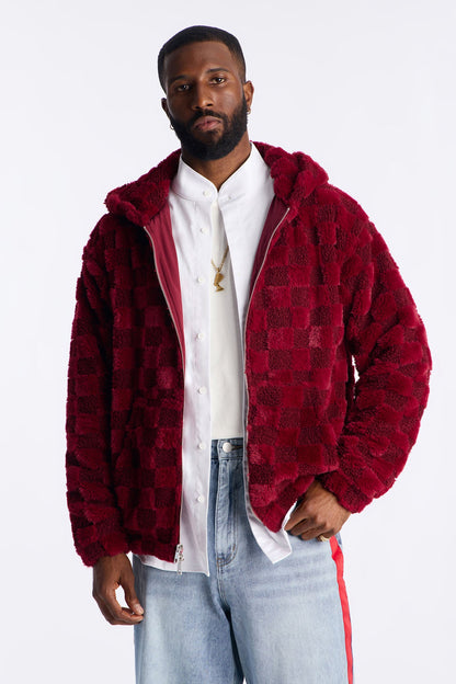 Relaxed Hooded Zip Checkered Faux Fur Jacket - Burgundy