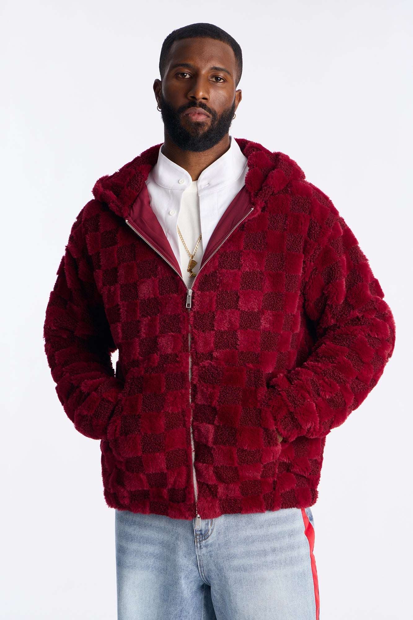 Relaxed Hooded Zip Checkered Faux Fur Jacket - Burgundy
