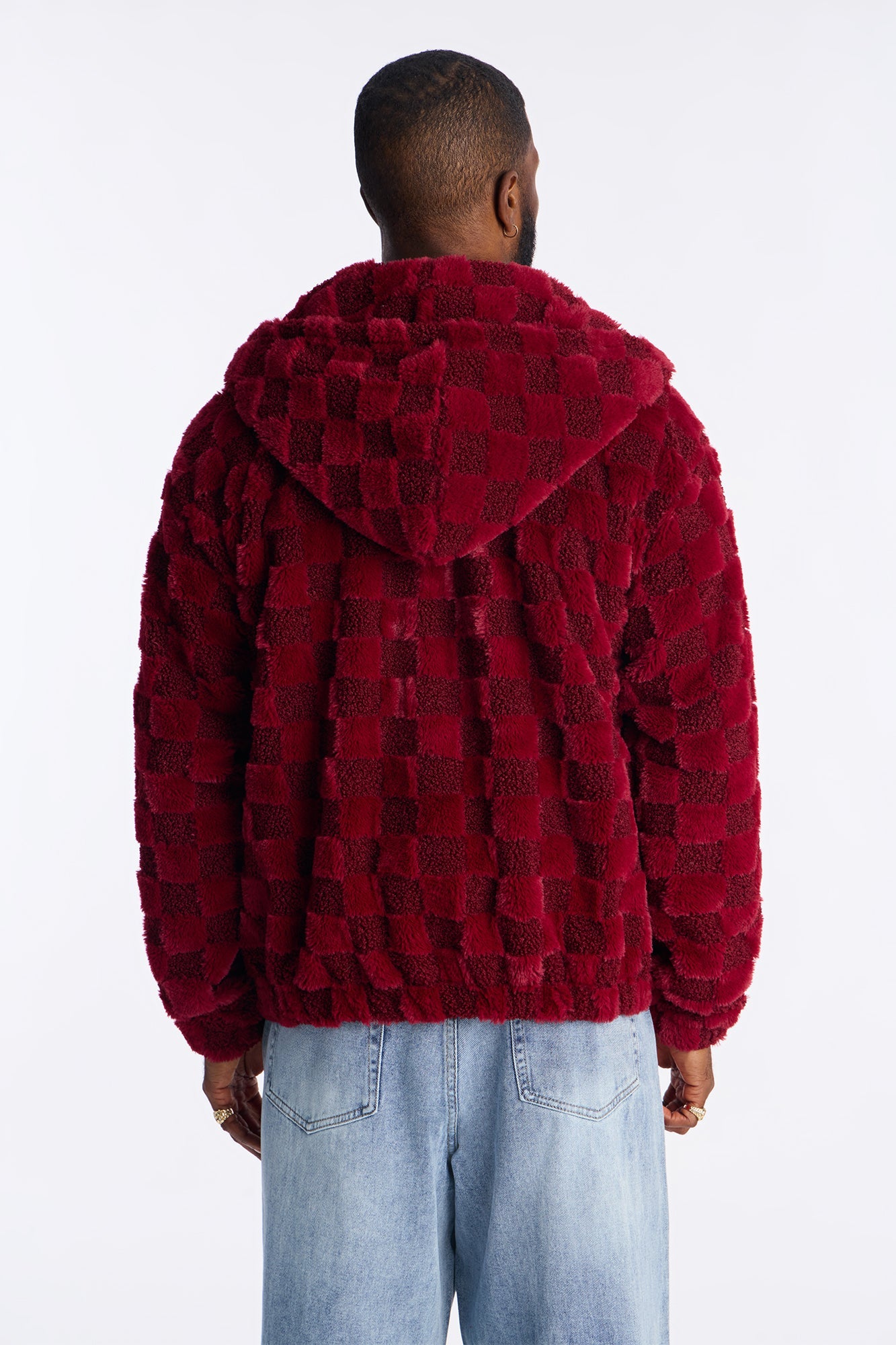 Relaxed Hooded Zip Checkered Faux Fur Jacket - Burgundy