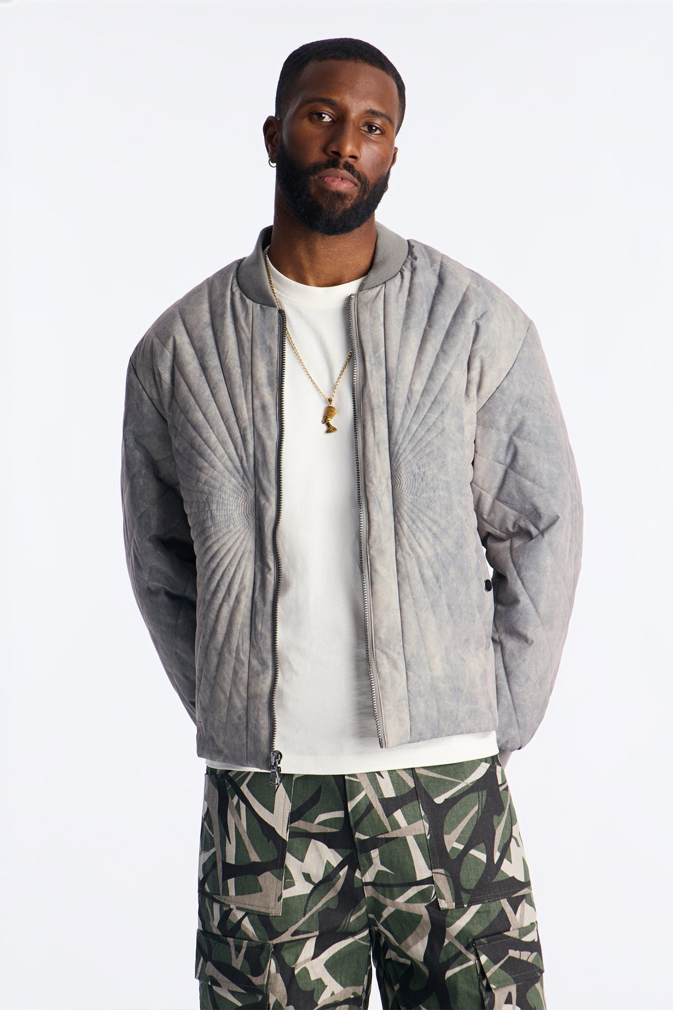 Dirty Washed Stitched Paneled Bomber Jacket - Grey