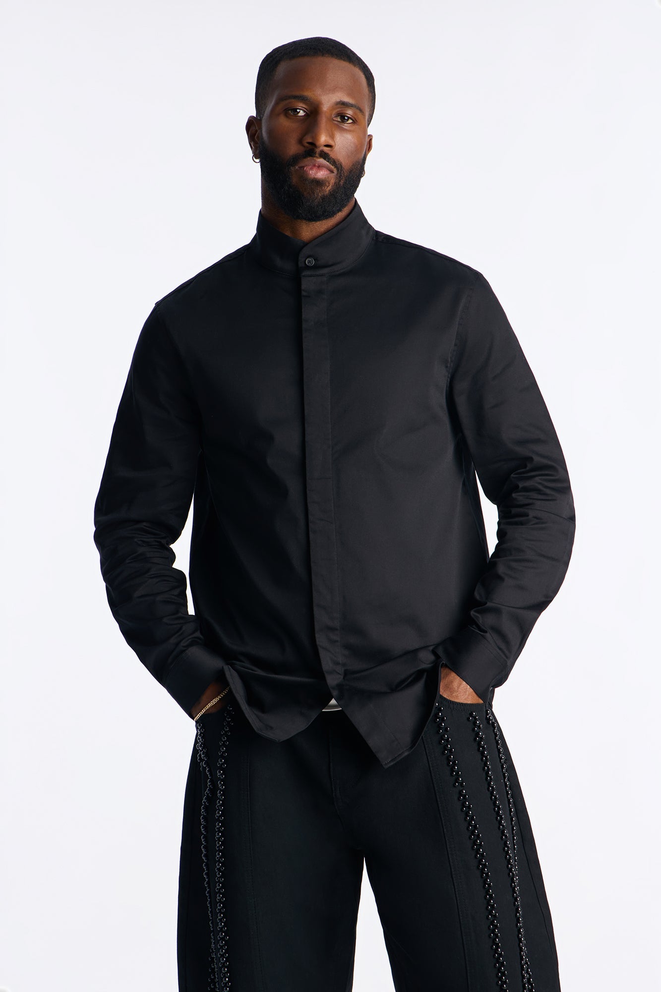 Slim Lumina High Collar Hidden Placket Button Up Shirt - Black