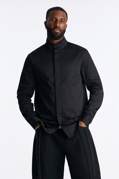 Slim Lumina High Collar Hidden Placket Button Up Shirt - Black