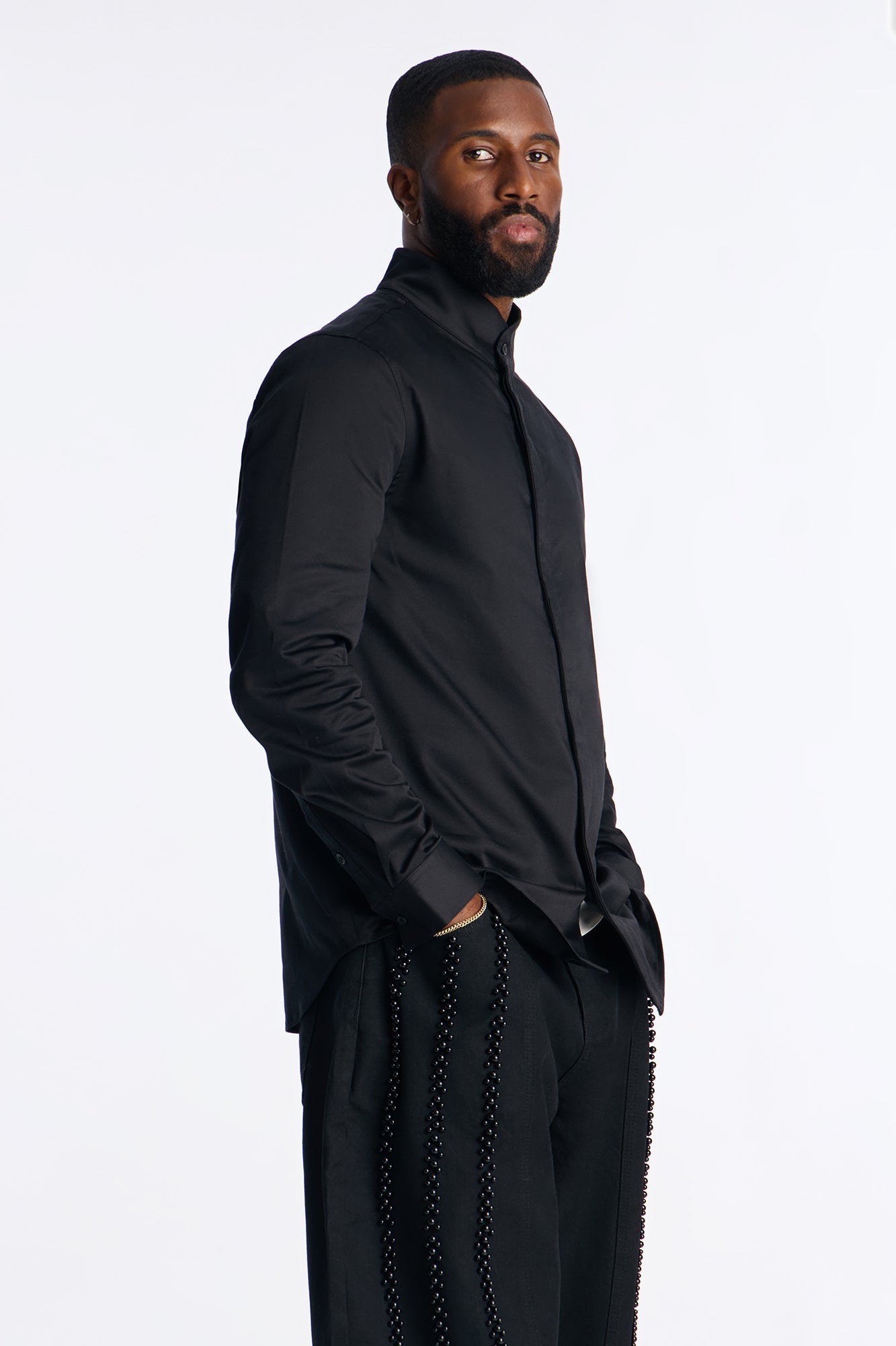 Slim Lumina High Collar Hidden Placket Button Up Shirt - Black