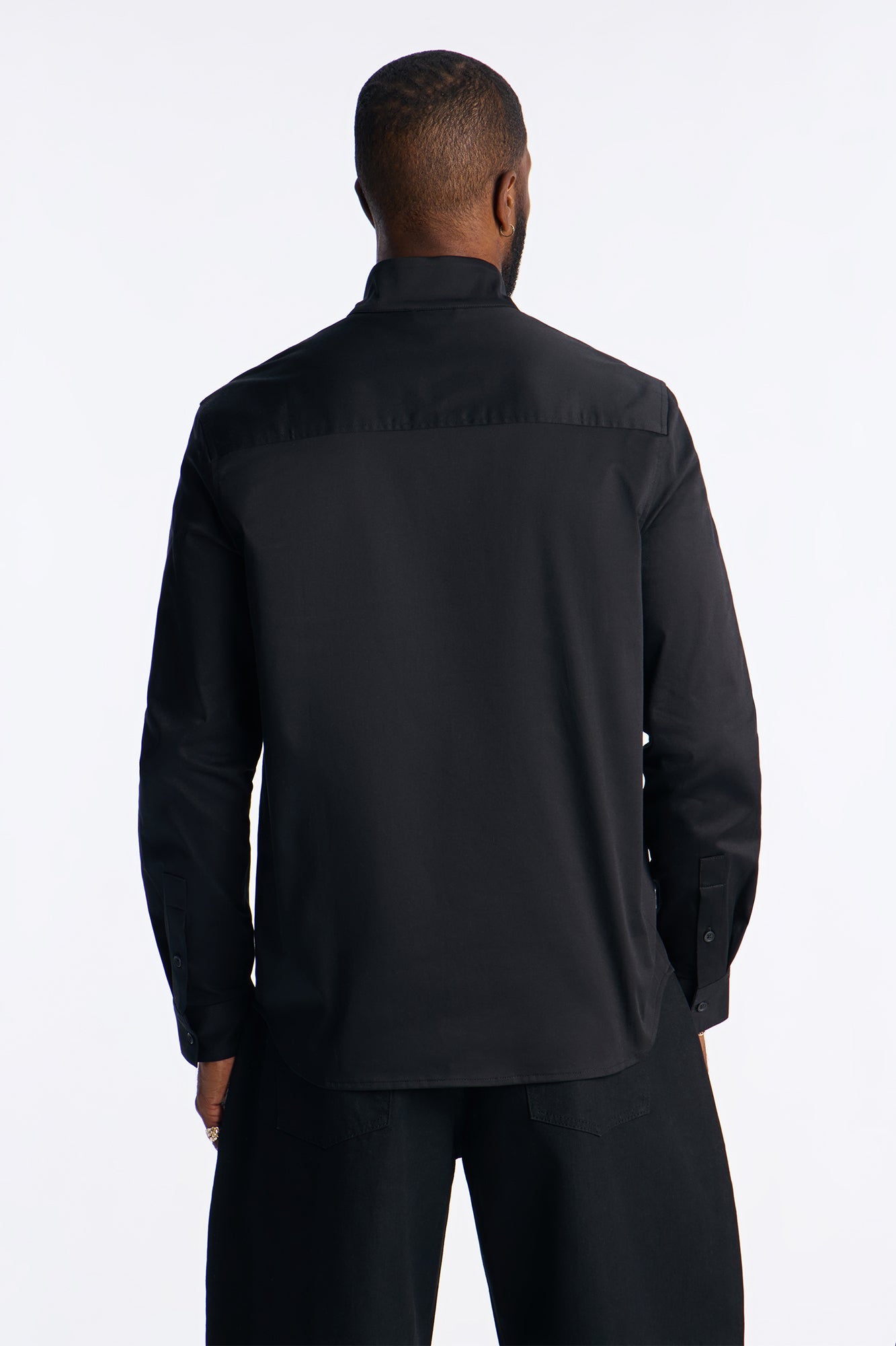 Slim Lumina High Collar Hidden Placket Button Up Shirt - Black