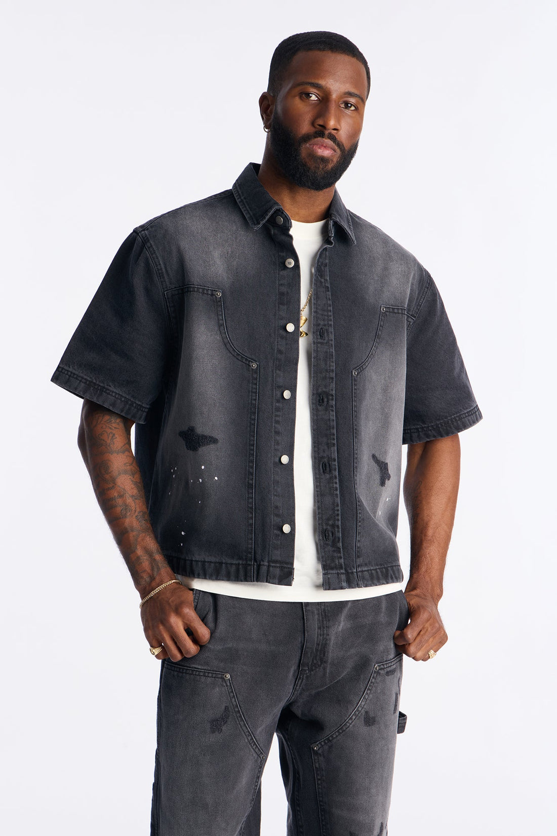 Cropped Splatter Paint Distressed Carpenter Work Shirt - Black Wash