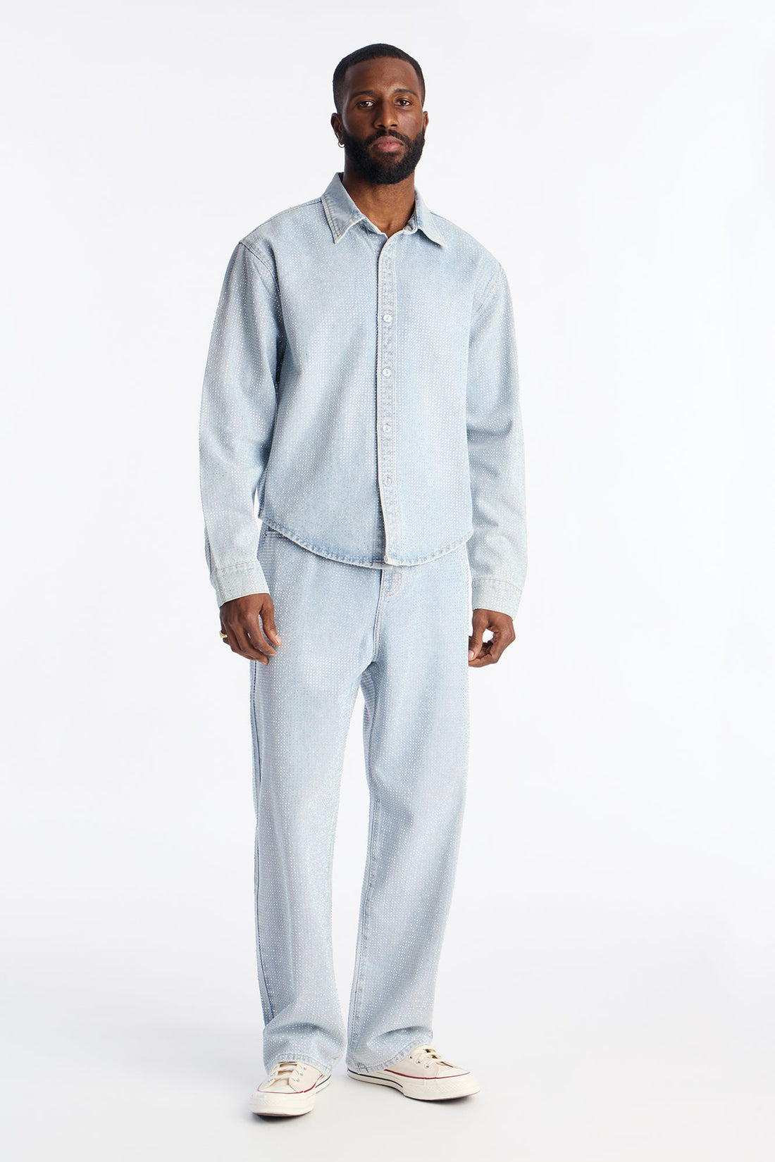 Jeweled Diamond Drift Denim Button Up Shirt - Light Blue Wash