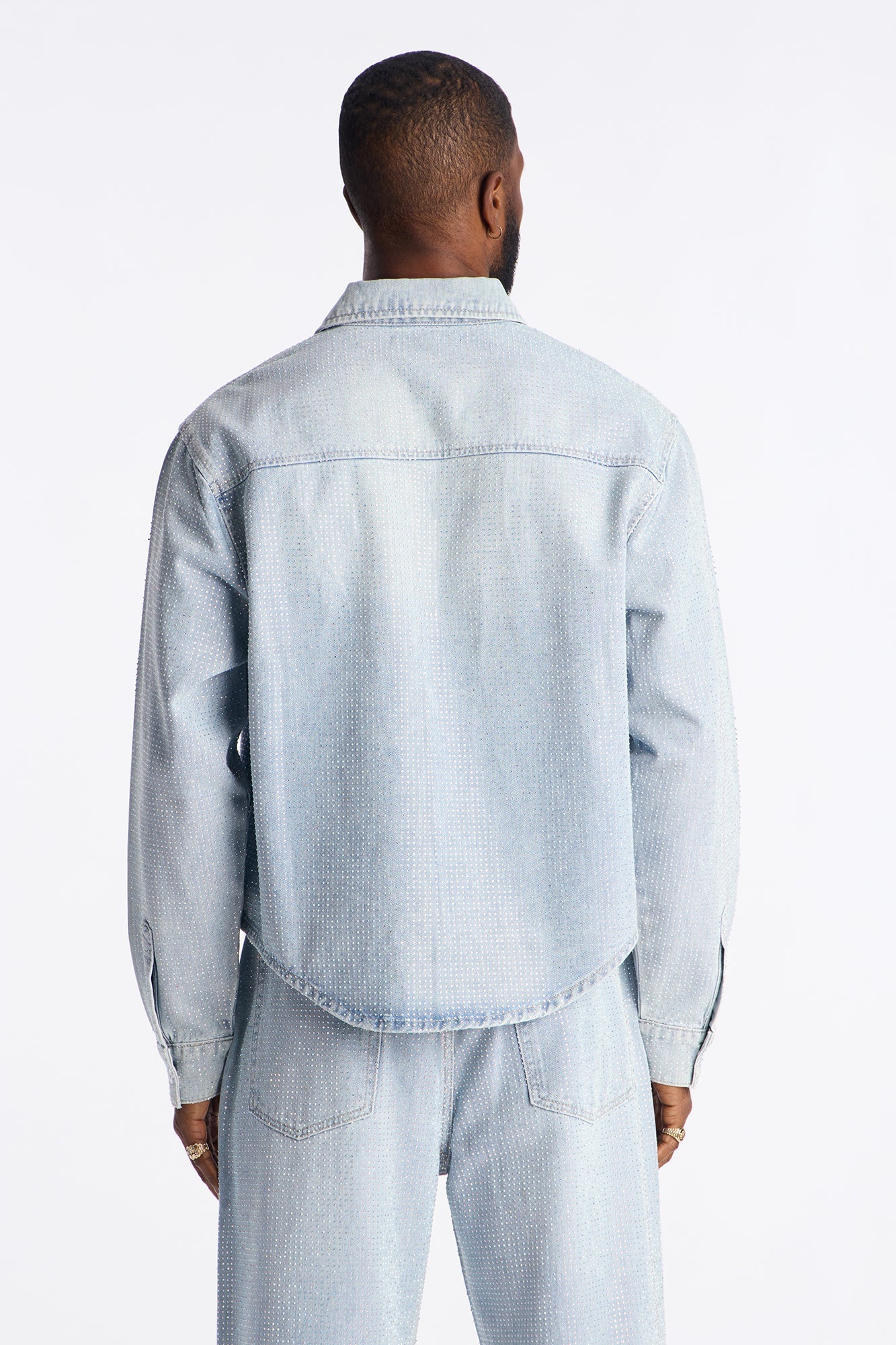 Jeweled Diamond Drift Denim Button Up Shirt - Light Blue Wash
