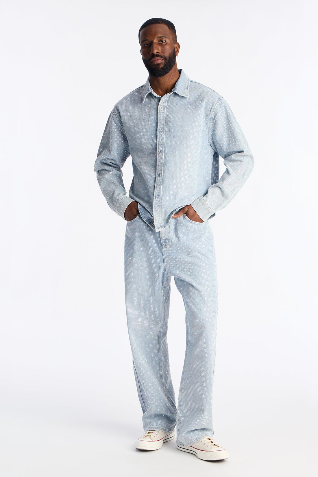 Baggy Jeweled Diamond Drift Jean - Light Wash