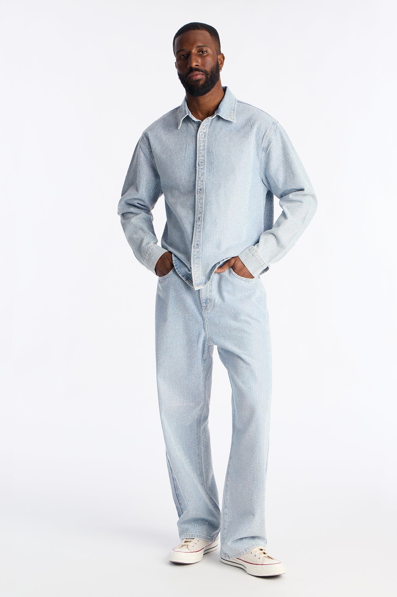 Baggy Jeweled Diamond Drift Jean - Light Wash