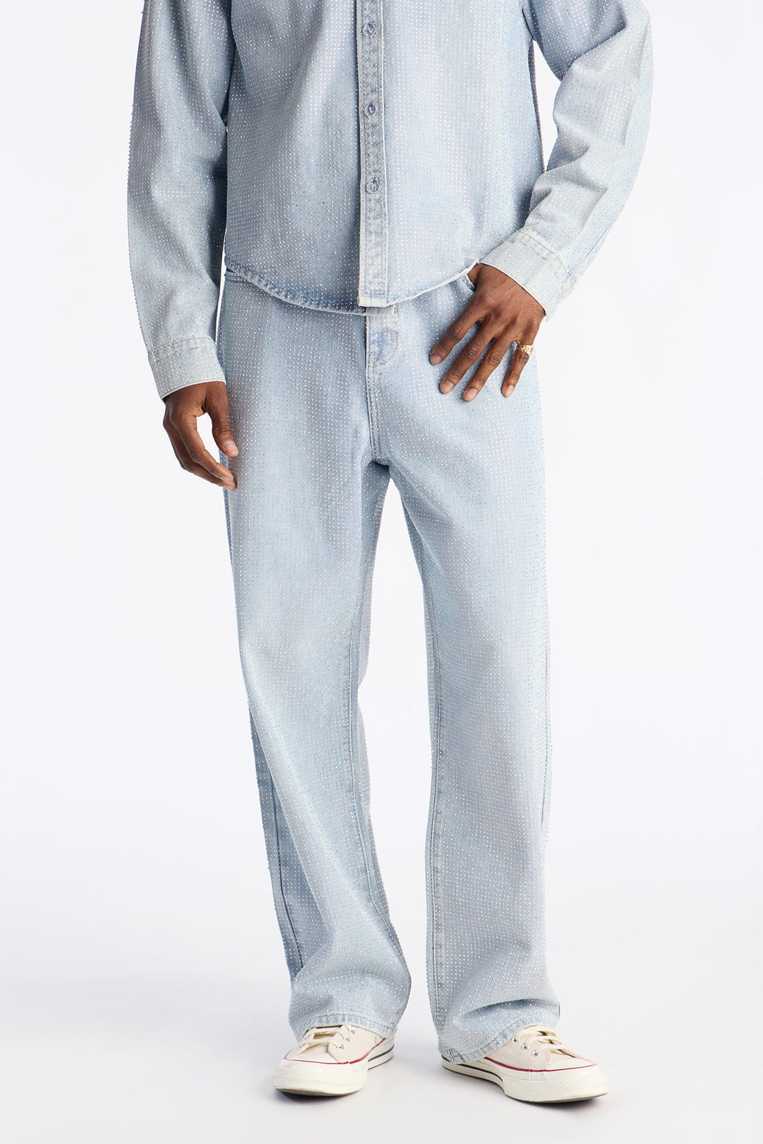 Baggy Jeweled Diamond Drift Jean - Light Wash
