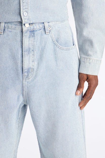 Baggy Jeweled Diamond Drift Jean - Light Wash
