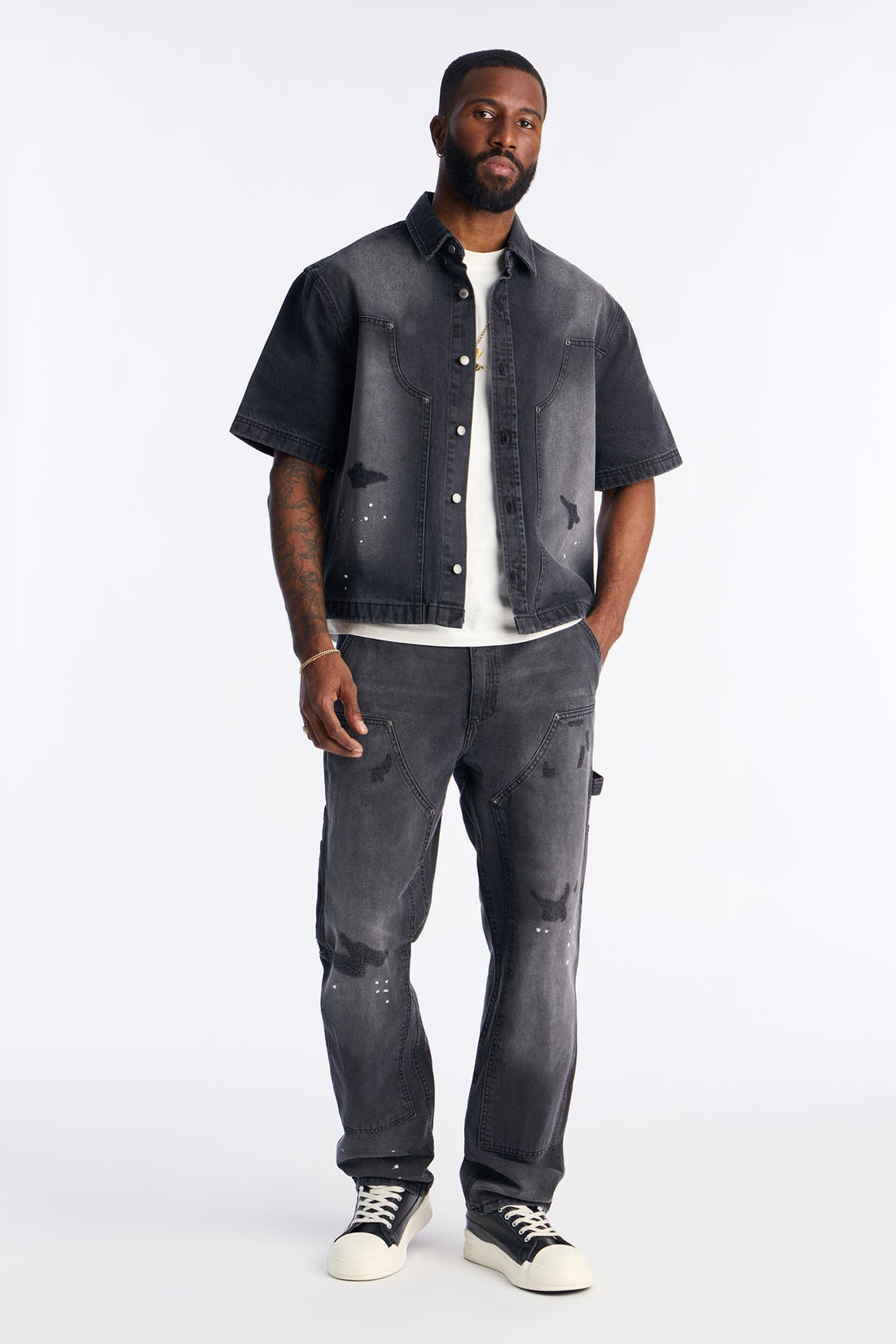 Straight Splatter Paint Distressed Carpenter Work Pant - Black Wash