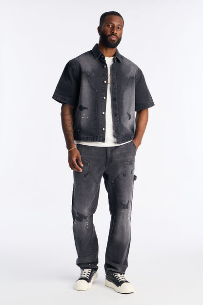 Straight Splatter Paint Distressed Carpenter Work Pant - Black Wash