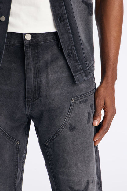 Straight Splatter Paint Distressed Carpenter Work Pant - Black Wash