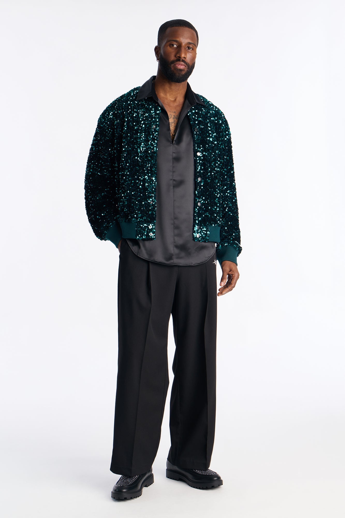 Textured Blinged Out Sequin Bomber Jacket - Green