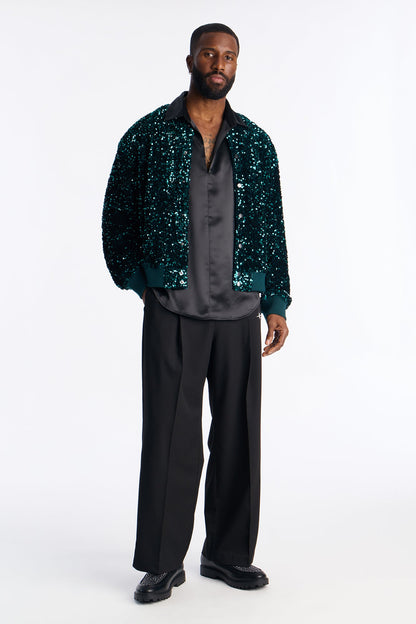 Textured Blinged Out Sequin Bomber Jacket - Green