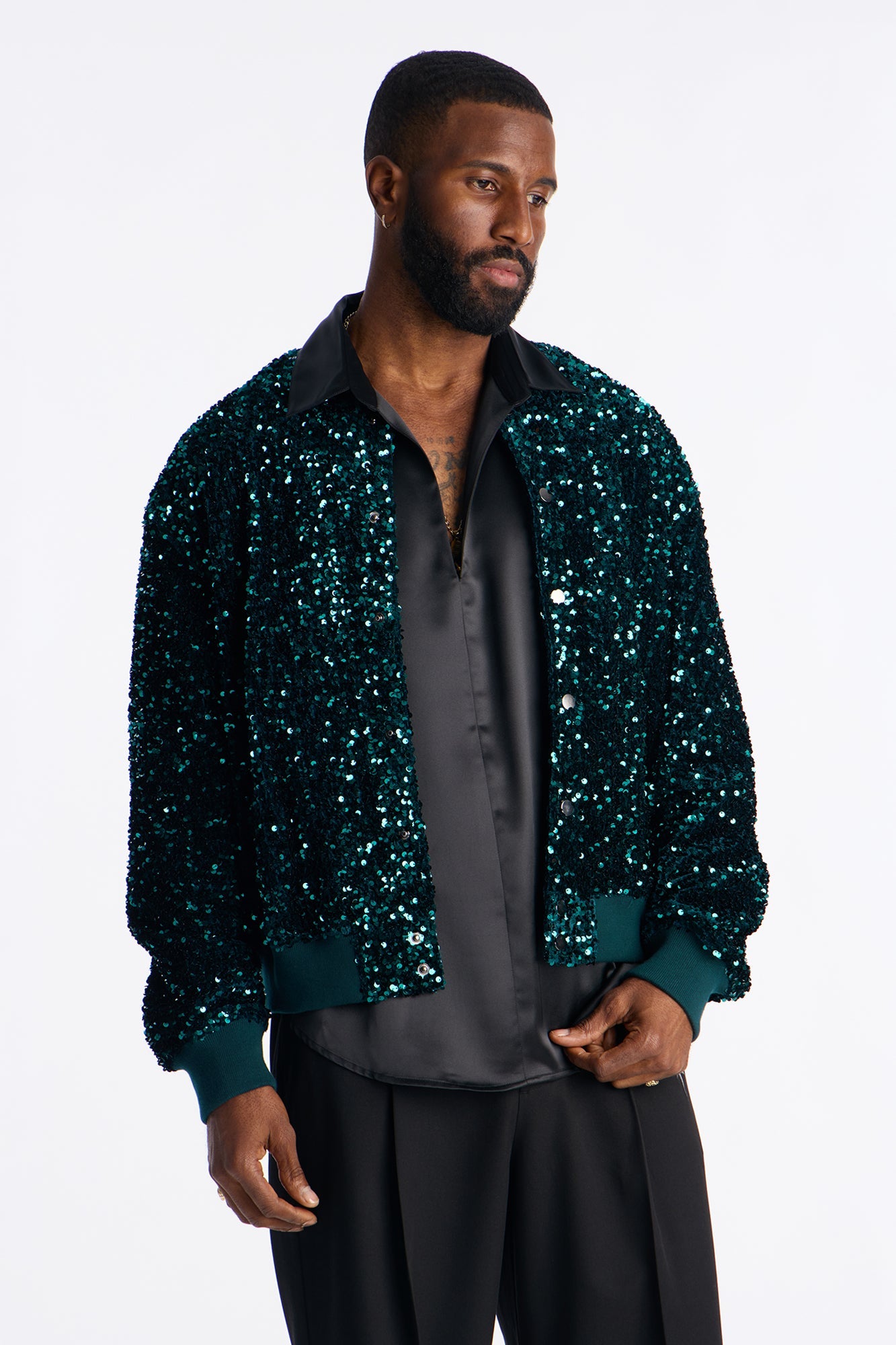 Textured Blinged Out Sequin Bomber Jacket - Green