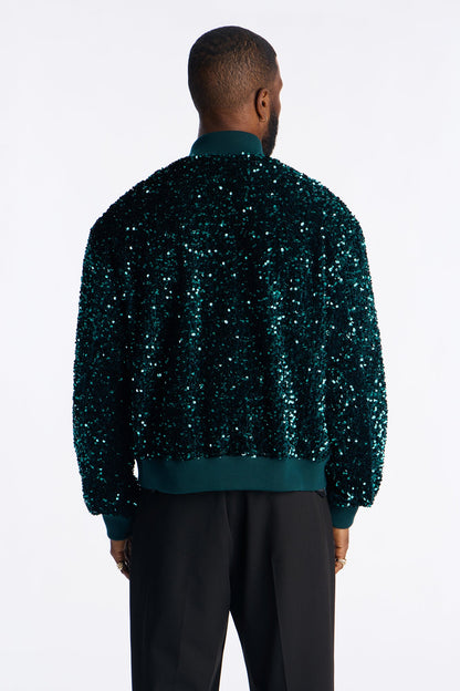 Textured Blinged Out Sequin Bomber Jacket - Green