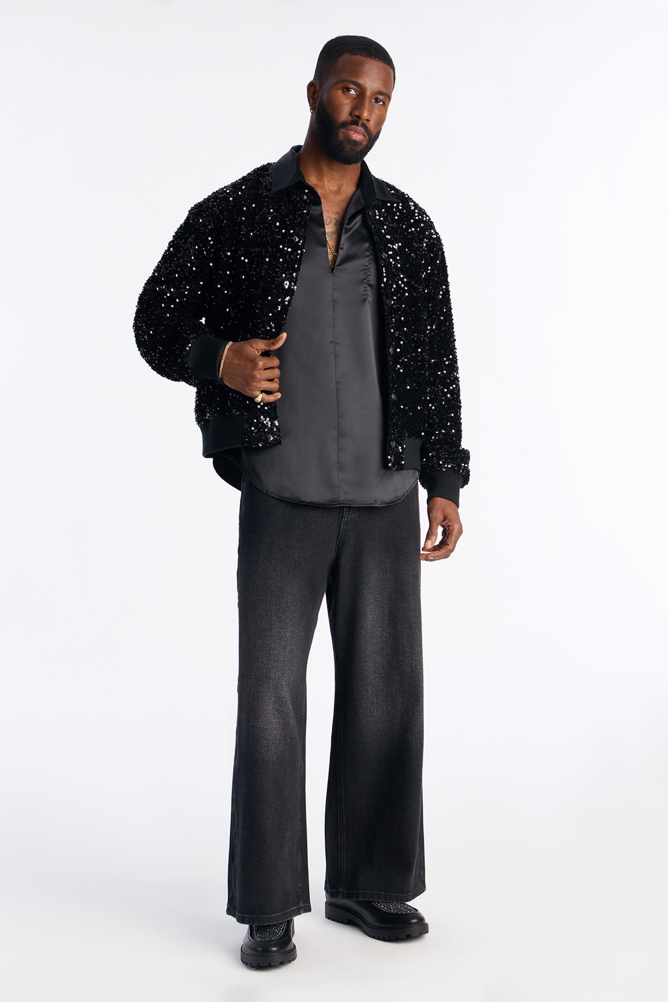 Textured Blinged Out Sequin Bomber Jacket - Black