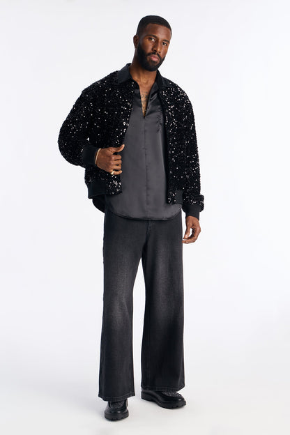 Textured Blinged Out Sequin Bomber Jacket - Black