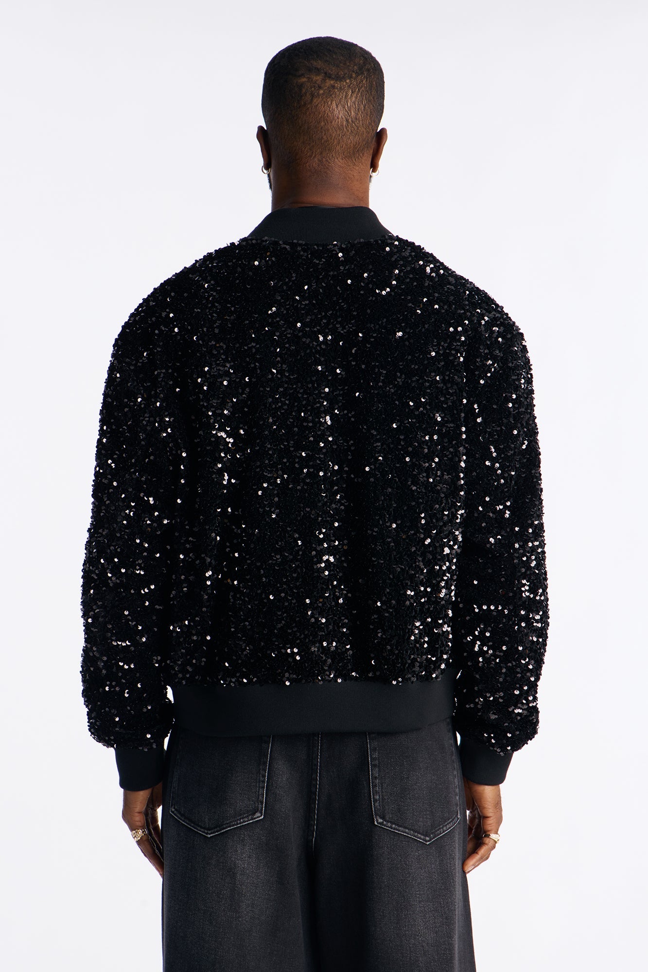 Textured Blinged Out Sequin Bomber Jacket - Black