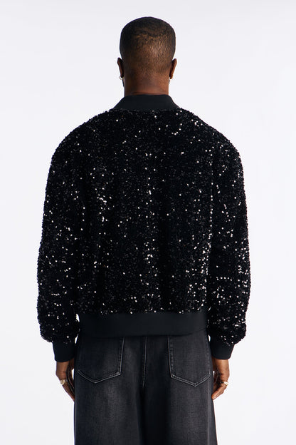 Textured Blinged Out Sequin Bomber Jacket - Black