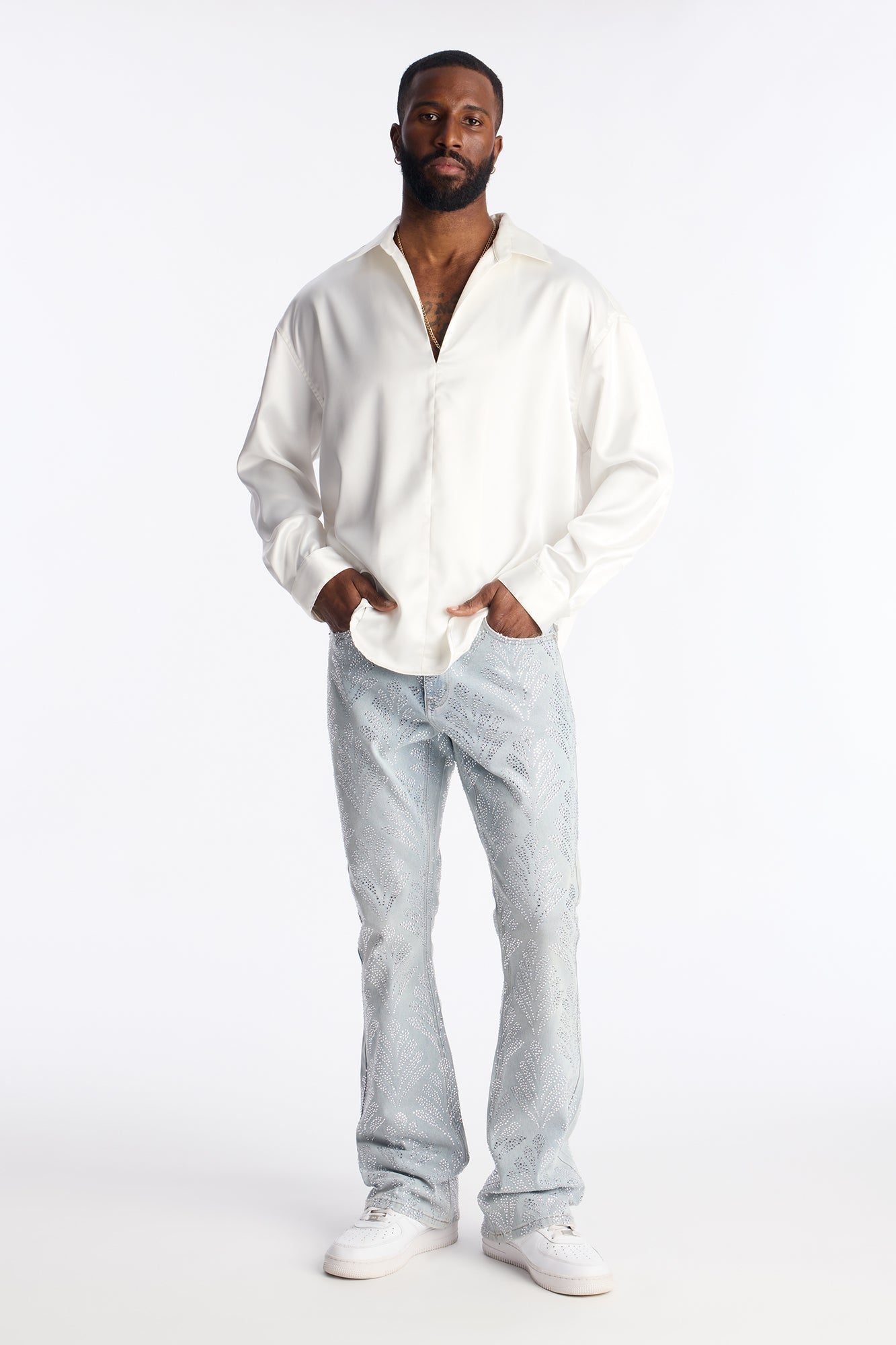 Stacked Skinny Flare Jeweled Bladeleaf Jean - Light Wash