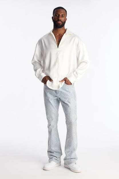 Stacked Skinny Flare Jeweled Bladeleaf Jean - Light Wash