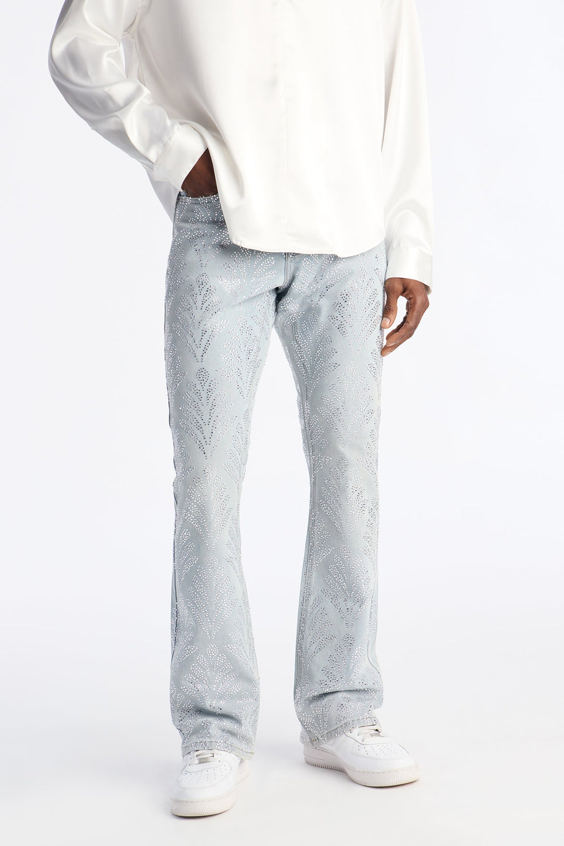 Stacked Skinny Flare Jeweled Bladeleaf Jean - Light Wash