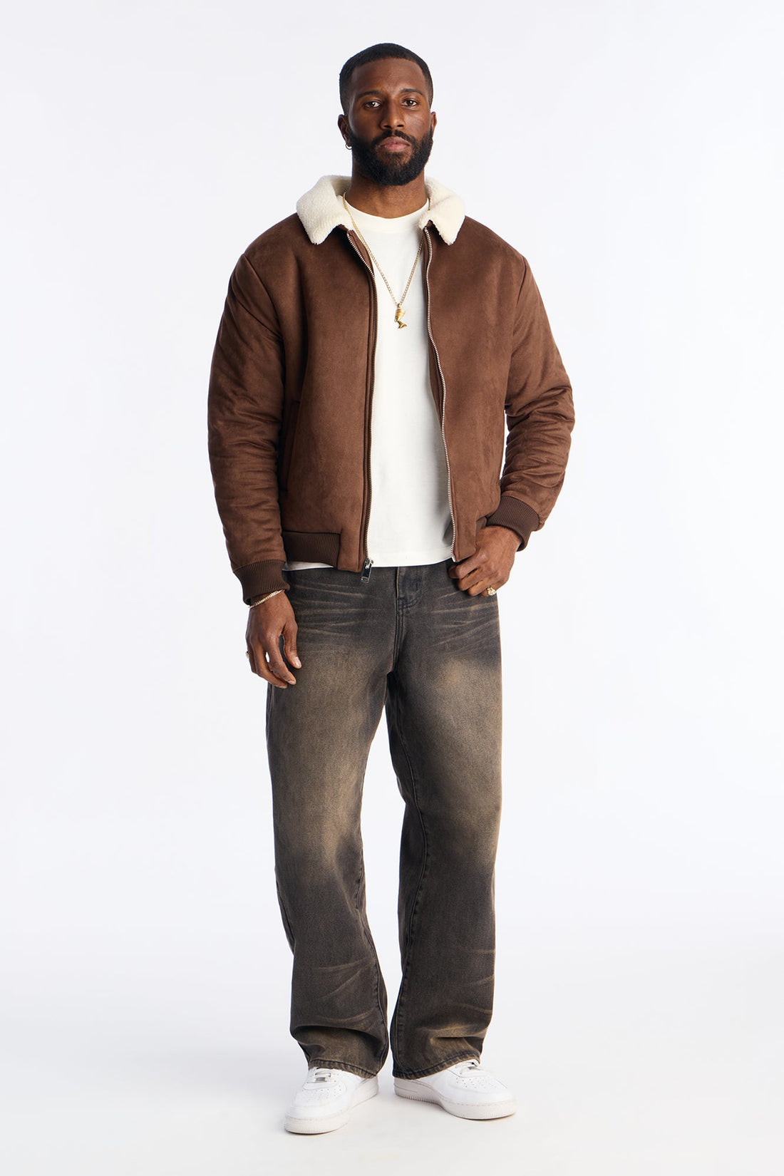 Padded Faux Suede Sherpa Collar Jacket - Brown