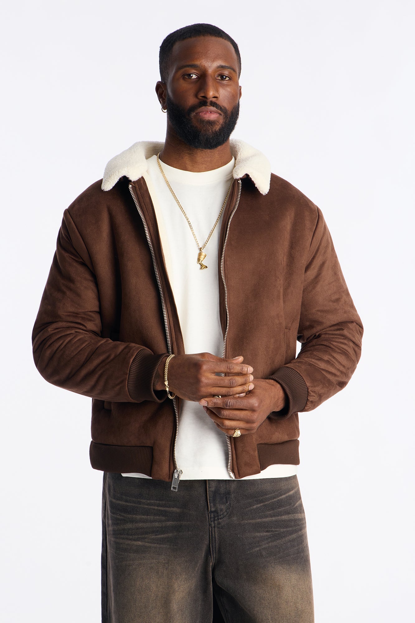 Padded Faux Suede Sherpa Collar Jacket - Brown