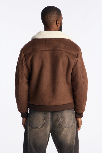 Padded Faux Suede Sherpa Collar Jacket - Brown