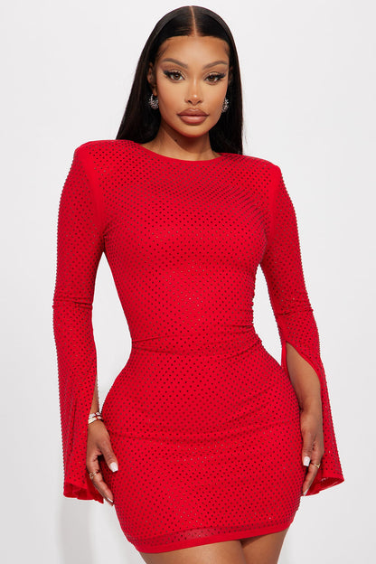 Sarah Rhinestone Mesh Mini Dress - Red