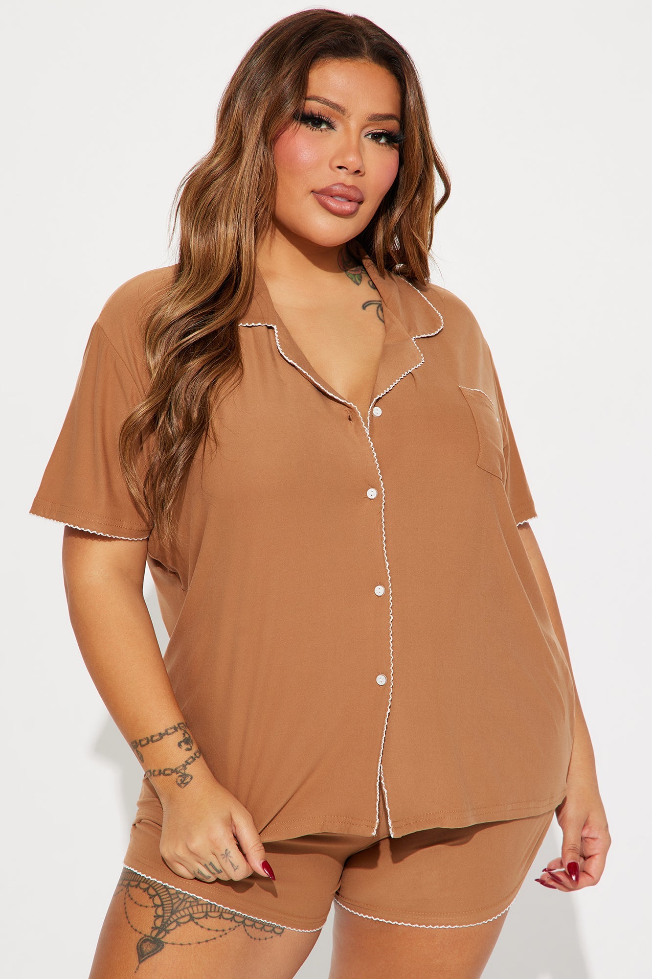 Weekends In PJ Short Set - Tan