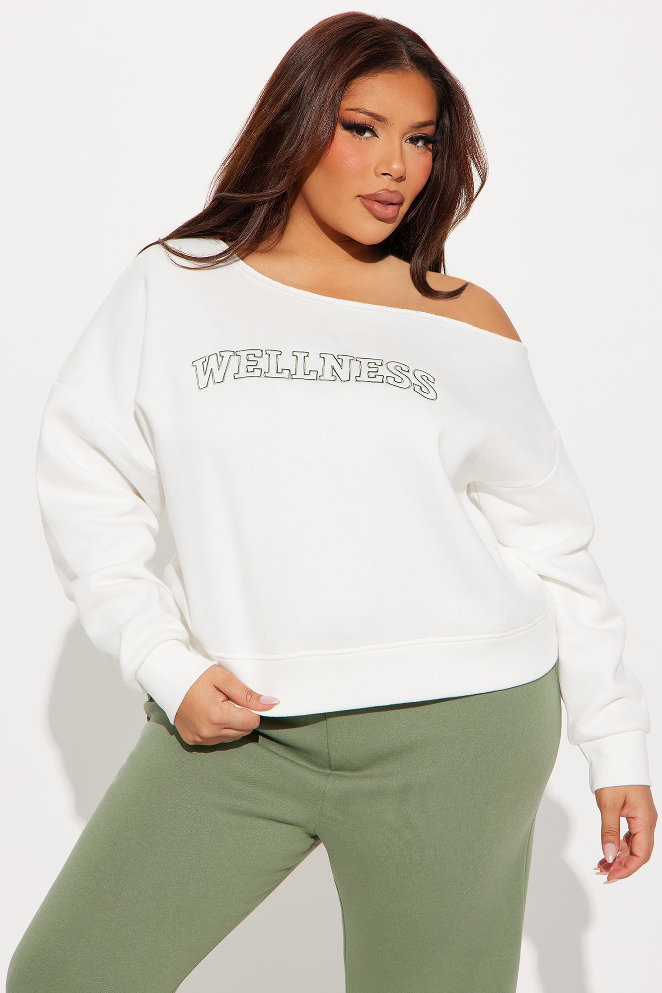 Wellness Off Shoulder Sweatsuit Set - Sage/combo