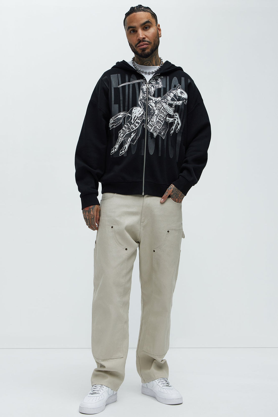 Tyson Crusader Printed Oversized Zip Hoodie - Black