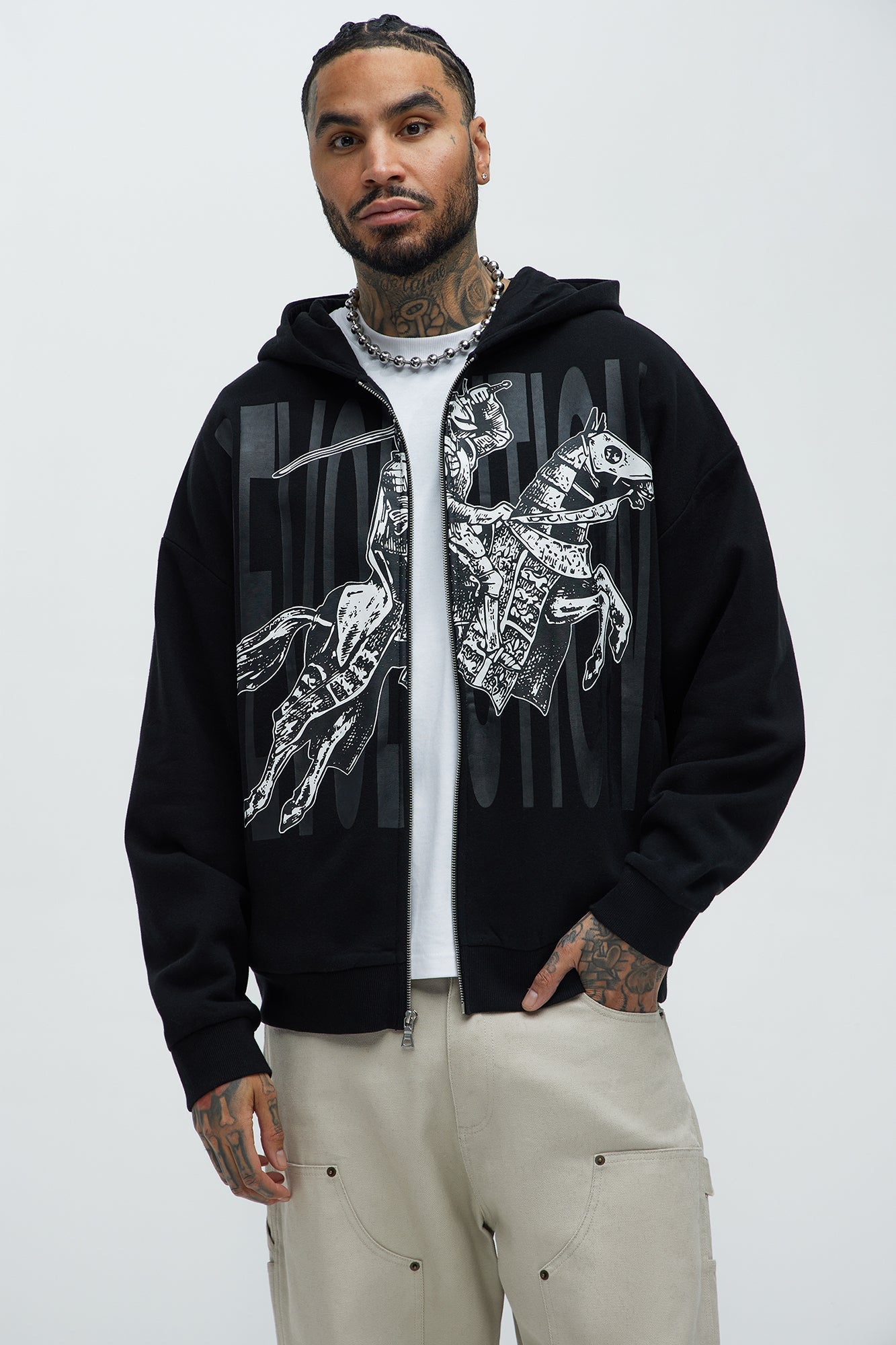 Tyson Crusader Printed Oversized Zip Hoodie - Black
