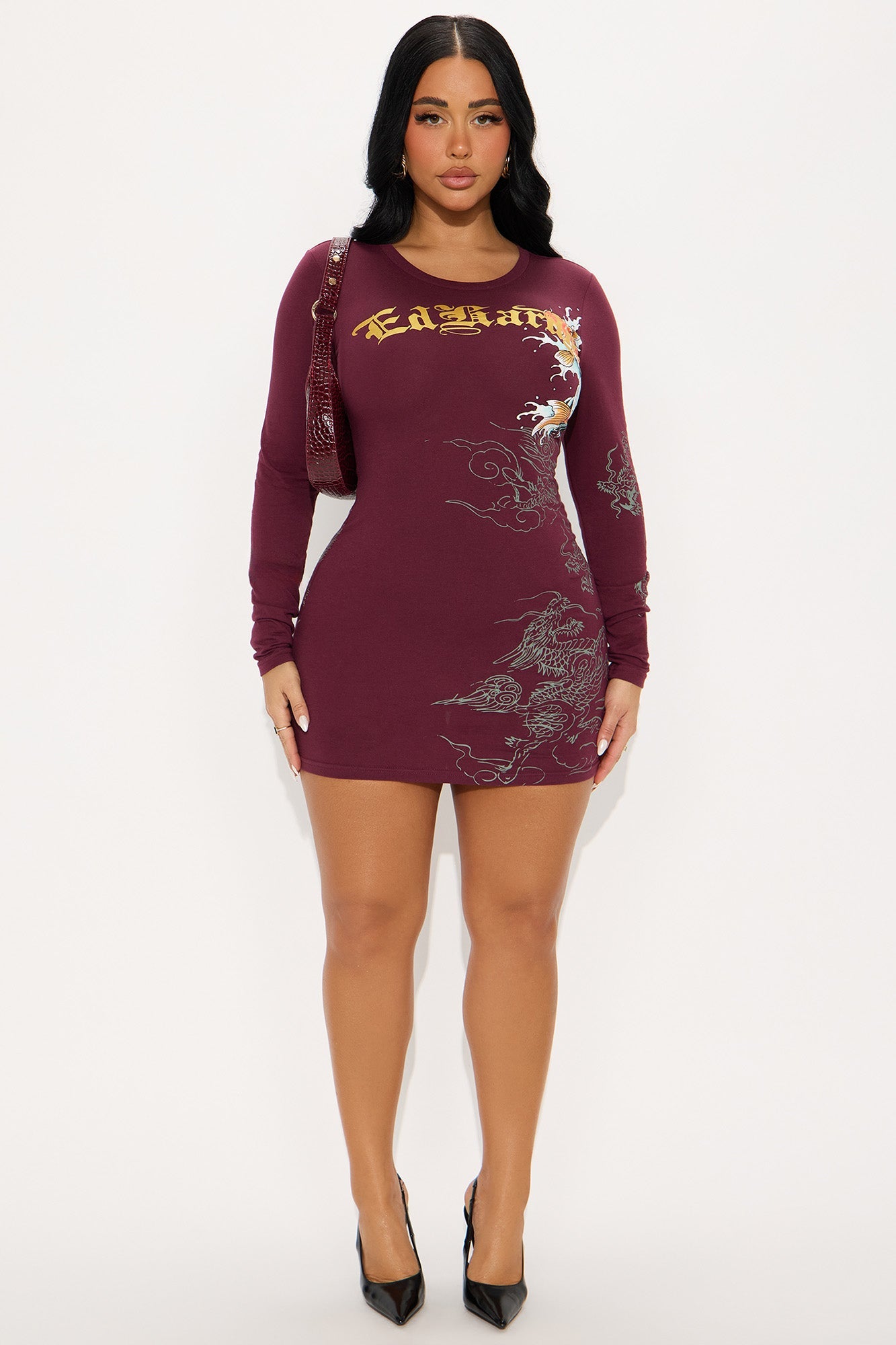 Ed Hardy Koi Long Sleeve Mini Dress - Burgundy