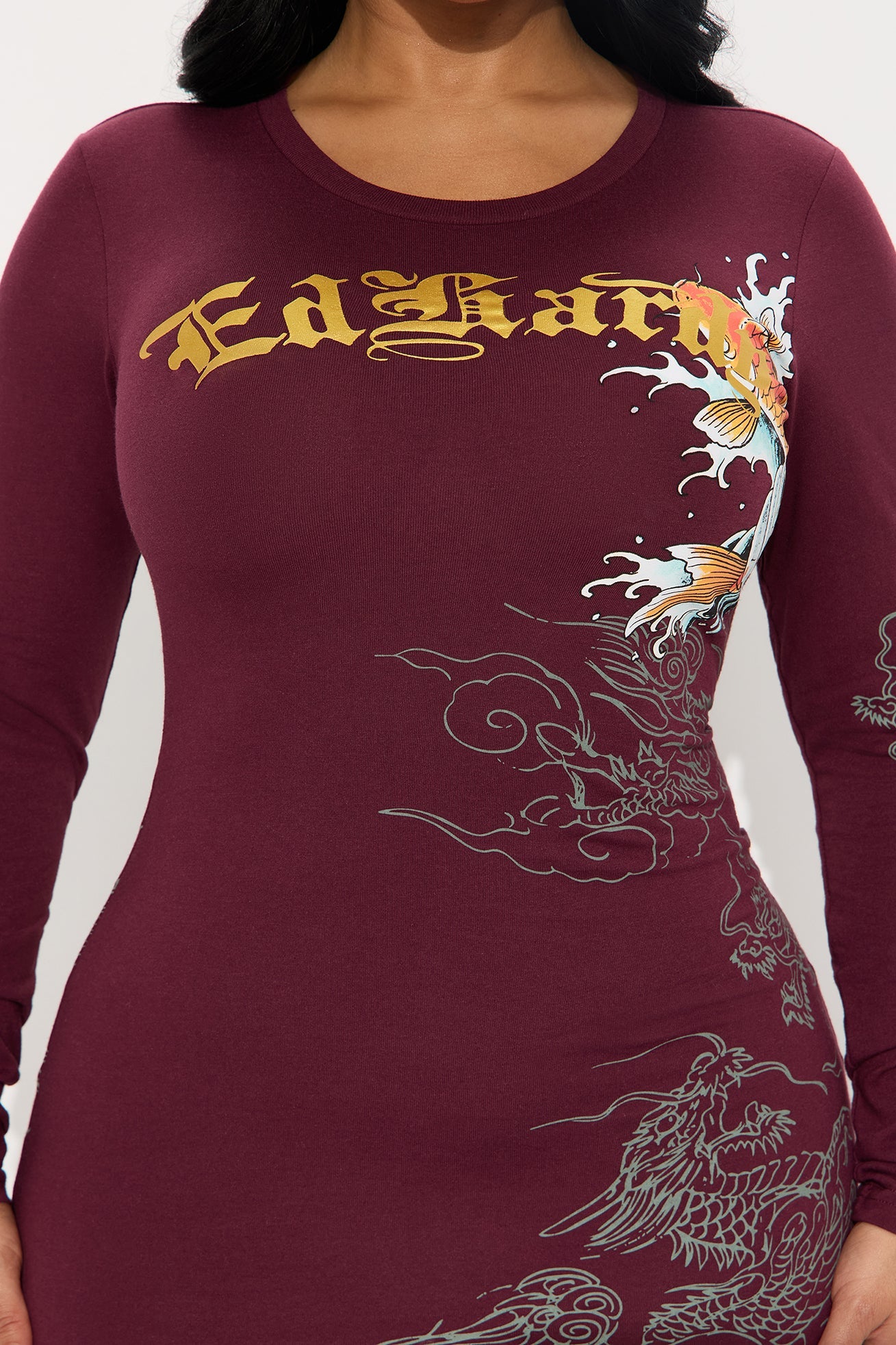 Ed Hardy Koi Long Sleeve Mini Dress - Burgundy