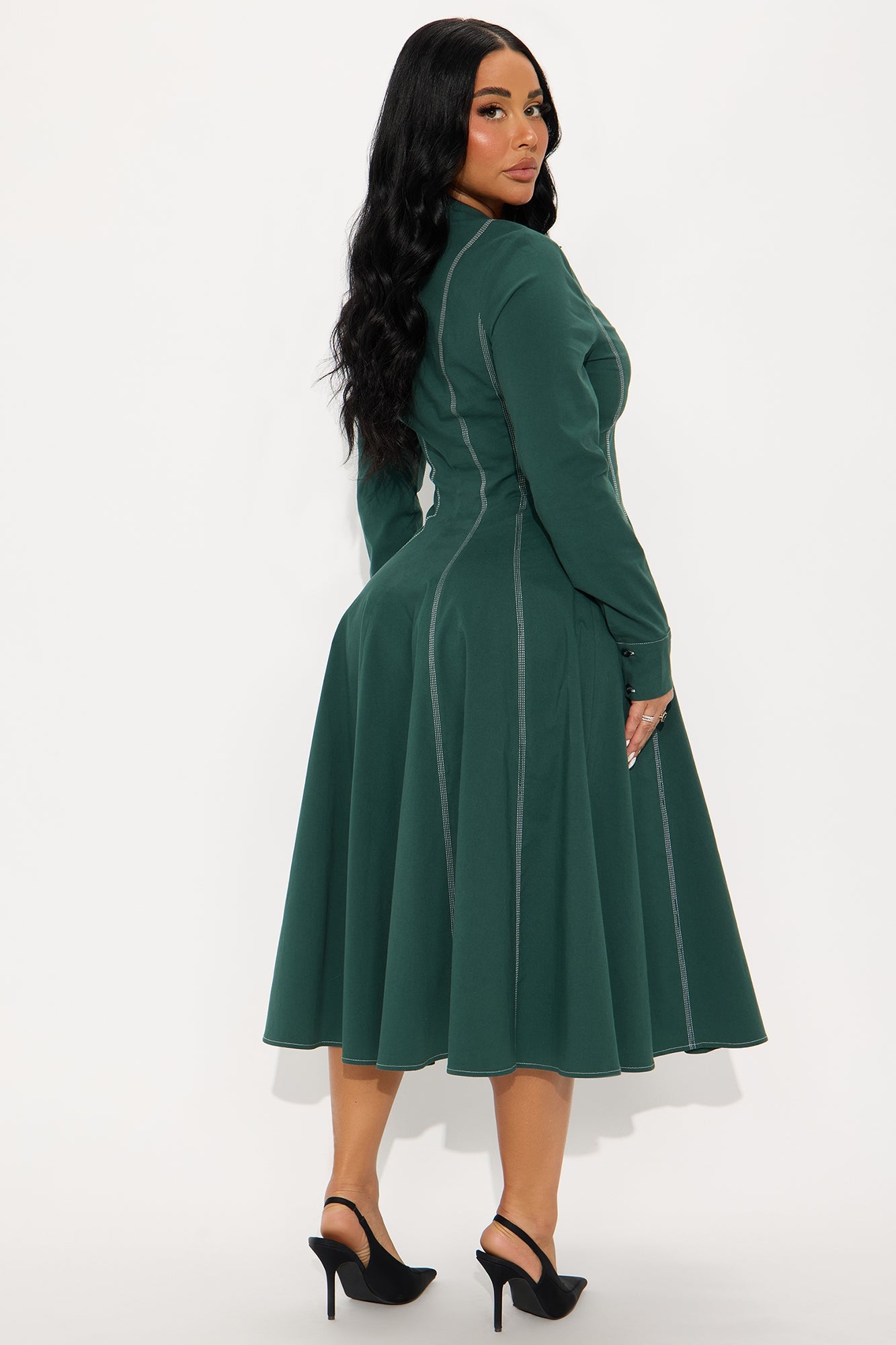 Prim Collared Long Sleeve Midi Dress - Hunter Green