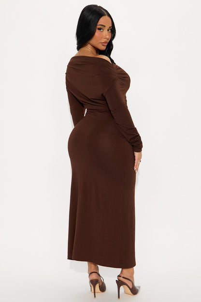 Aria Off Shoulder Draped Midi Dress - Chocolate