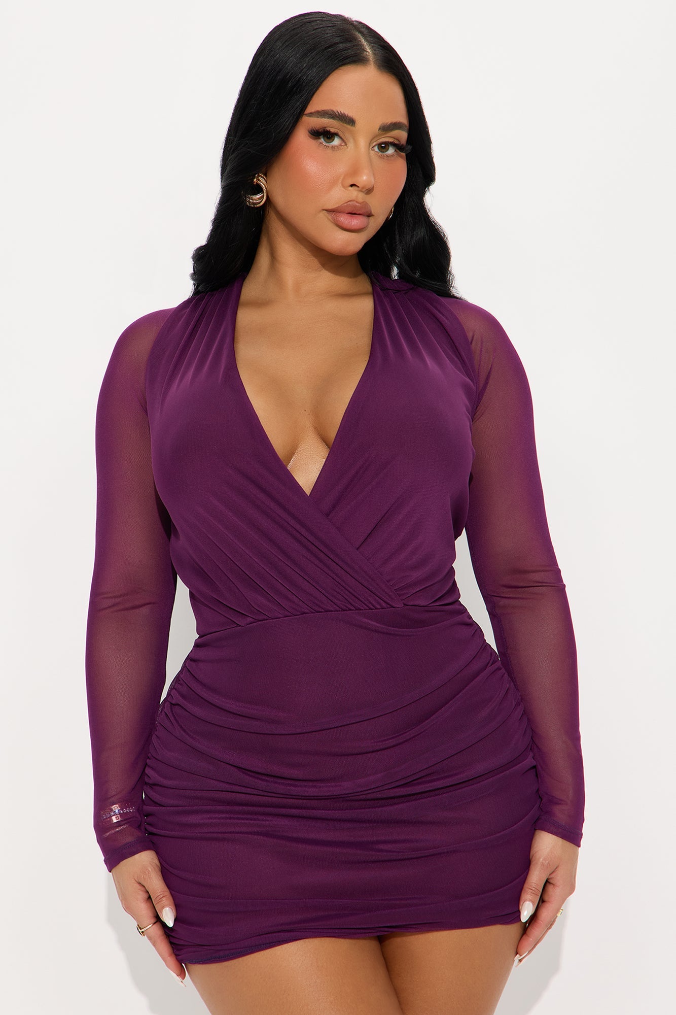 Romy Ruched Mesh Mini Dress - Plum